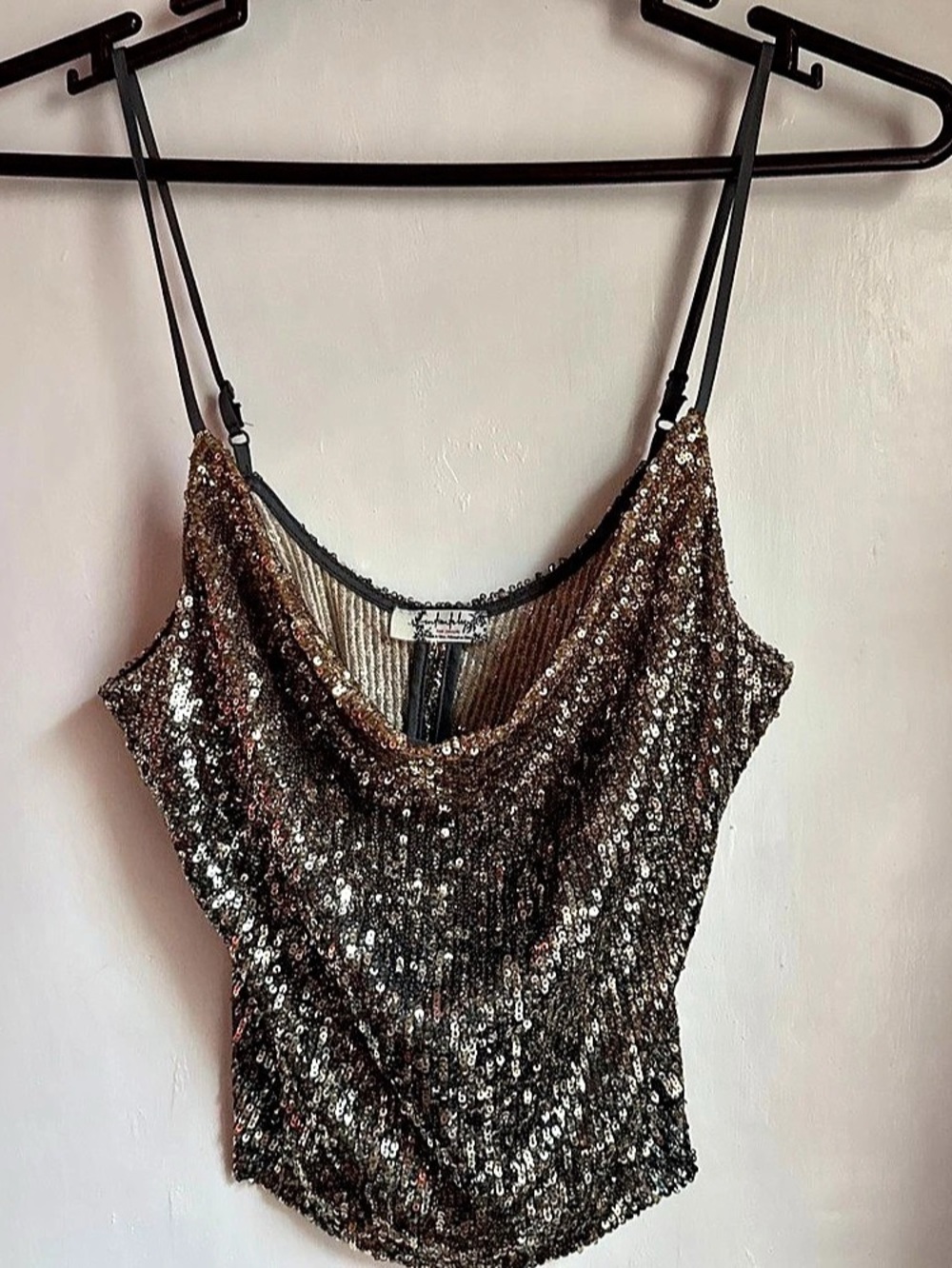 Free people Contemporary Sequin Cowl Neck Camisole in Brown & Gold Like New